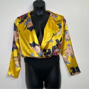 Satin Floral Plunge Bodysuit Size L